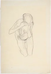 Knieender Akt einer alten Frau etwas nach rechts